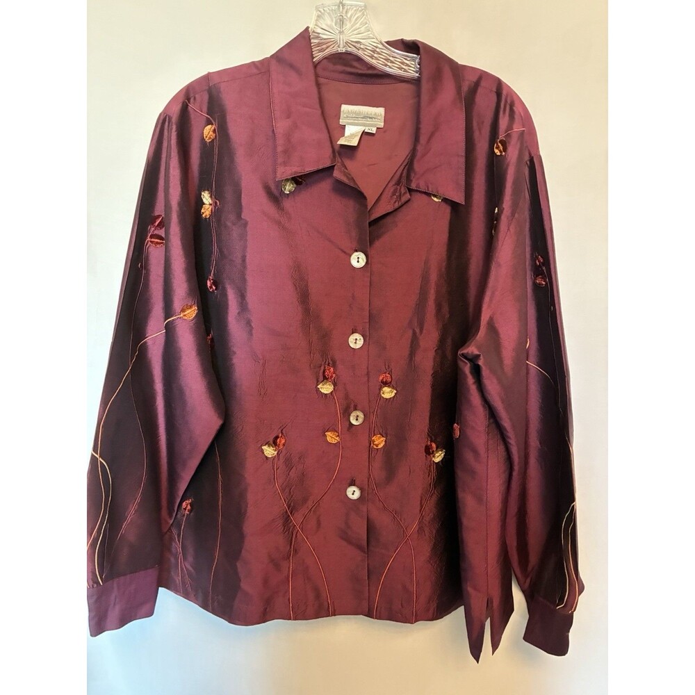 Coldwater Creek Women’s Silk Satin Embroidered Floral Button-Down Blouse XL